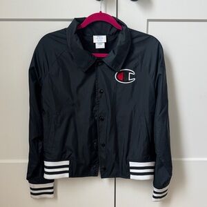 Champion Black Varsity-Style Coach Jacket with White Stripe Trim